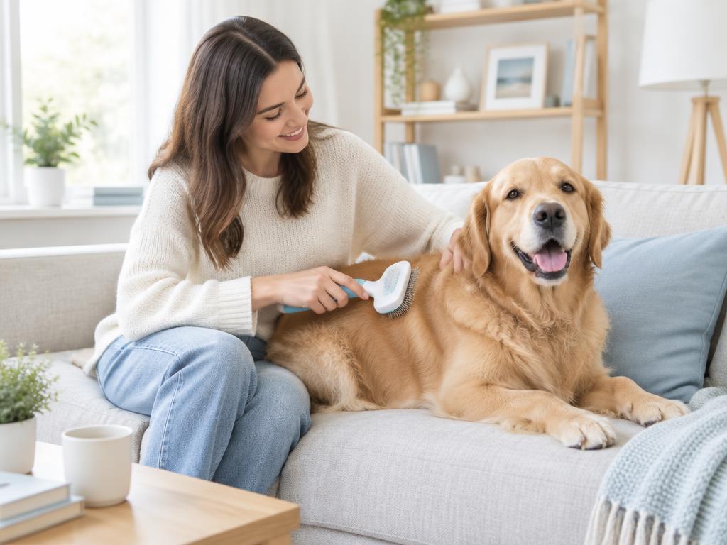 Cepillando a un golden retriever con el peine quita-pelos